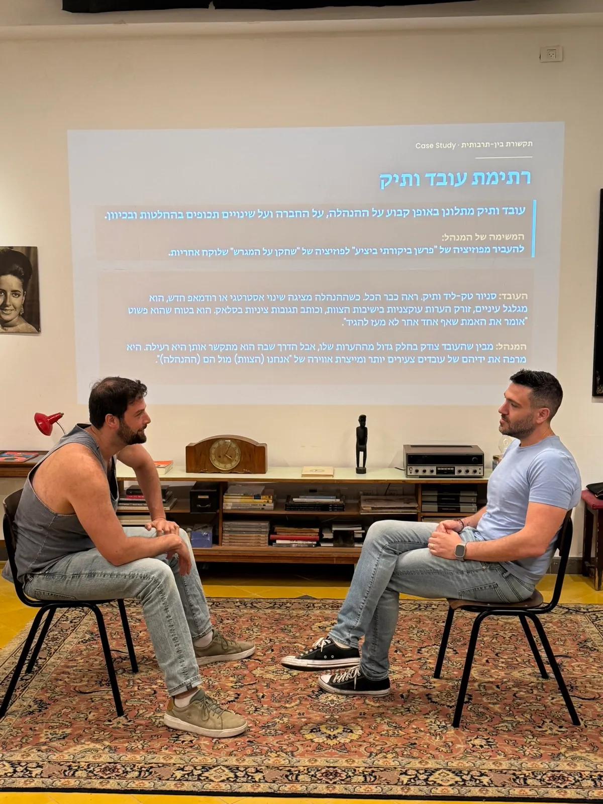שני משתתפים בסימולציה זוגית על רתימת עובד ותיק, מול הצגת המקרה על המסך